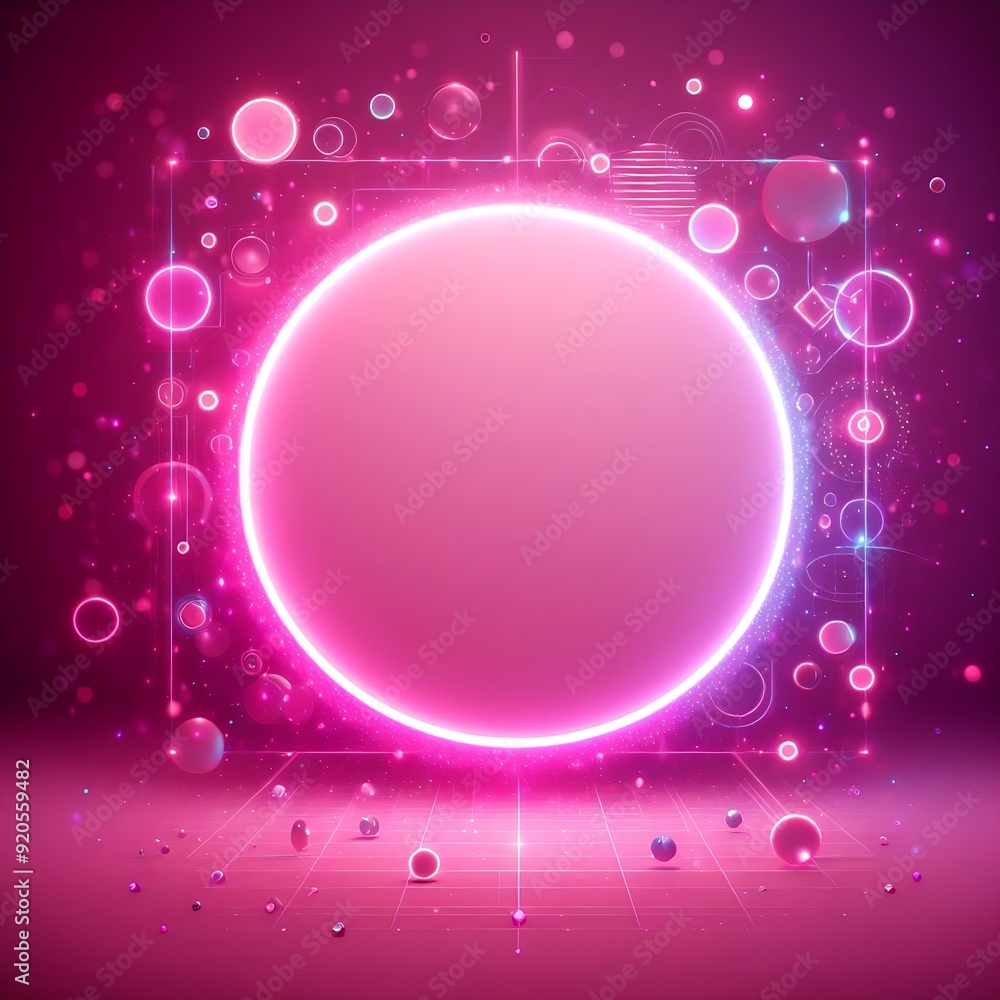 Aufkleber a pink background with a large neon circle in the middle. the circle is surrounded by many small cir