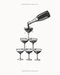 Tower made of glasses with champagne. Illustration of champagne being poured from a bottle into a tower of glasses.