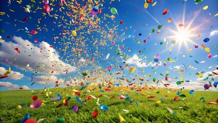 Vibrant colorful confetti fills the air against a bright blue sky, scattered on the grass, capturing the essence of a joyful summer party celebration.