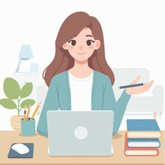 A woman sits at a desk, typing on a laptop while working on an assignment, a woman working on an assignment in front of a laptop