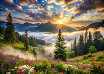 Serene misty mountain valley surrounded by vibrant green trees and colorful wildflowers under a warm sunlit sky with soft white fluffy clouds.