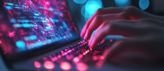 Hands Typing on a Laptop with a Digital Background