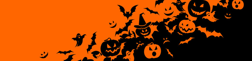 Fototapeta premium Halloween banner with black bats, pumpkins and ghosts on the orange background. Illustration with text. 