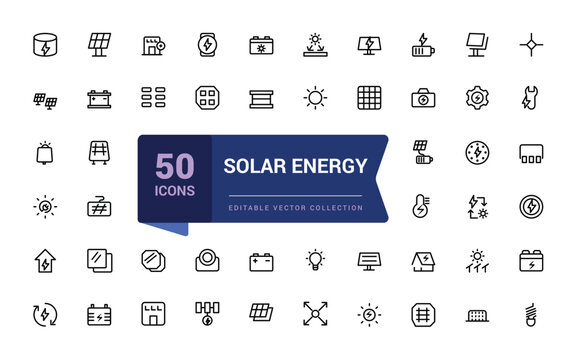 Solor energy icon set. Collection of ecology and energy with concepts like renewable energy. Pixel perfect, minimalistic web and UI icon. Outline icon collections.