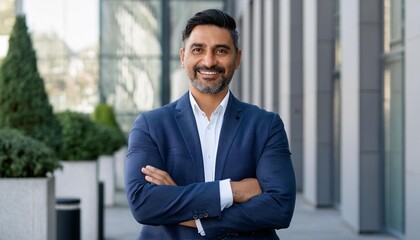 Fototapeta premium Happy middle aged business man entrepreneur looking at camera outdoors. Smiling confident man