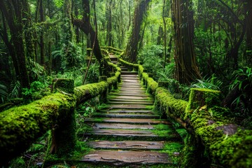 A serene forest pathway surrounded by lush greenery and moss-covered wooden railings.