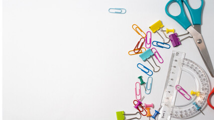 School stationery on white background, copy space, Back to school concept. School supplies