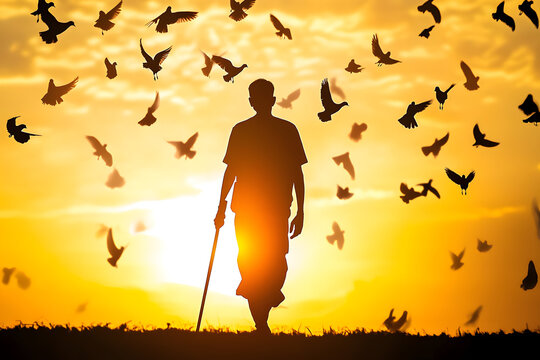 silhouette of a person walking with stick under the sun, with pigeons flying around him for Gandhi jayanti holiday celebration on the 2nd of october