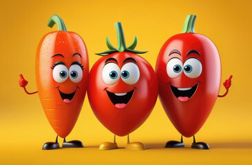 funny tomatoes and carrot with legs and smiling faces on yellow background, vegan illustration.