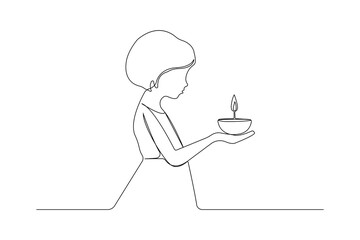 Little girl holding Diya lamp for festival continuous single line art isolated on white background.
