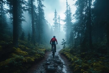 Obraz premium A mountain biker wearing a red jacket is seen biking through a foggy forest trail, capturing the mystic beauty, solitude, and adventurous spirit of forest exploration.