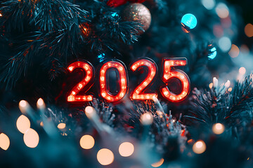 A festive New Year scene featuring the text "2025" prominently displayed against a blurred background of vibrant, celebratory decorations