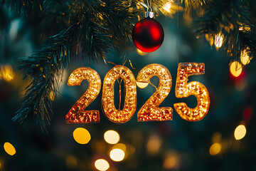 A festive New Year scene featuring the text "2025" prominently displayed against a blurred background of vibrant, celebratory decorations
