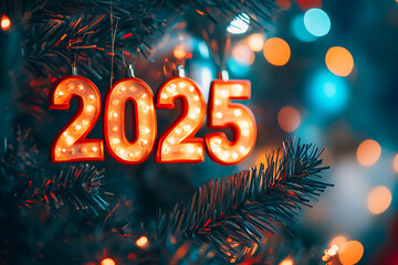 A festive New Year scene featuring the text "2025" prominently displayed against a blurred background of vibrant, celebratory decorations