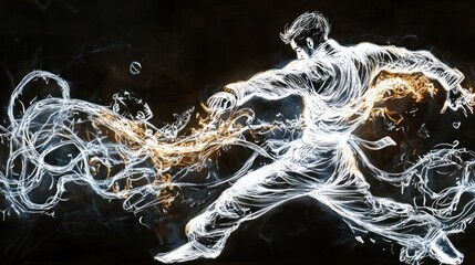 Abstract art of a man in a white suit with a golden belt doing a martial arts move.