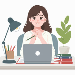 A woman sits at a desk, typing on a laptop while working on an assignment, a woman working on an assignment in front of a laptop