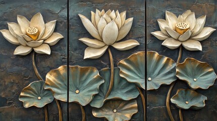 Set of 3 wall art panels with serene water lilies carved art, close up, split into three 