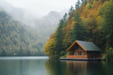 Obraz premium A cabin is on a lake surrounded by trees. The cabin is wooden and has a porch. The lake is calm and peaceful.