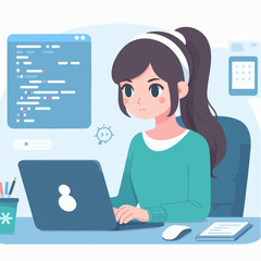 A woman sits at a desk, typing on a laptop while working on an assignment, a woman working on an assignment in front of a laptop