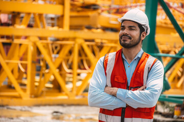 Smart Happy confident Indian construction worker standing smile arm crossed at crane tower...