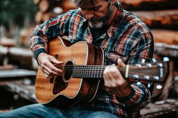 An image of a man wearing a plaid shirt and jeans, sitting outdoors in front of a wooden structure while playing an acoustic guitar, showcasing a rustic and peaceful scene.