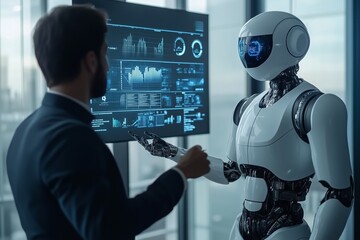 A man and a robot are standing in front of a monitor. The robot is white and has a blue face. The man is wearing a suit and tie. The robot is talking to the man