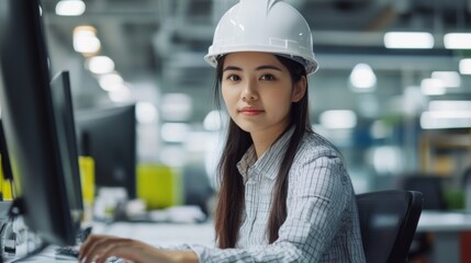 Asian female engineer wearing a hardhat and uniforms, Working on a computer in construction factory