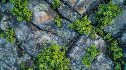 Obraz premium An aerial view of a blueberry field, highlighting the striking contrast between the soft bush foliage and the hard granite outcrops.