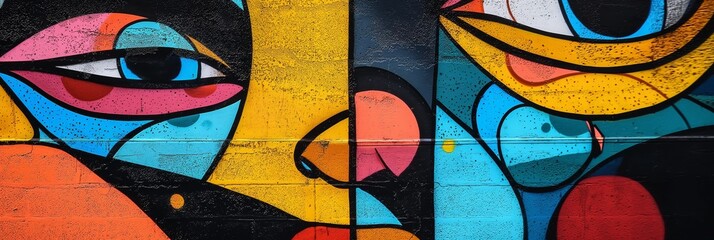 Naklejka premium Vibrant street art mural with colorful abstract shapes, lines, and patterns, showcasing modern urban art on a concrete wall.