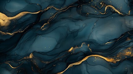 Obraz premium A background in alcohol ink technique, dark blue and golden
