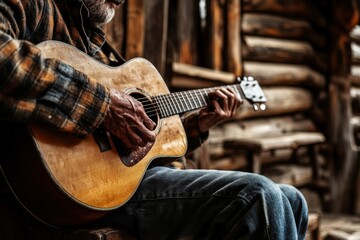 An older man donned in a plaid shirt is seated playing an acoustic guitar amidst a rustic outdoor setting, enhancing the image with a sense of nostalgia and contentment.