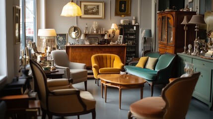 A living room has a vintage feel with a lot of furniture