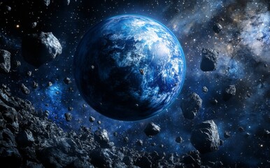 Obraz premium High quality 5K digital space art of Neptune in asteroids field. High quality, realistic space art.