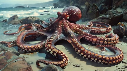 Naklejka premium A huge octopus by the coastline