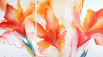 Set of 3 wall art panels with striking gladiolus abstract painting, white background, close up, split into three 
