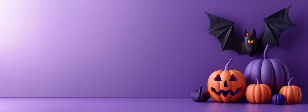 halloween jack o lantern pumpkin in witch hat with a spider. Isolated purple background, copy space for text. For LinkedIn, wallpaper, banner, design, blog, cover, social media, youtube