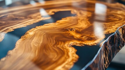 Close-Up of a Polished Wood Slab with Resin Inlay