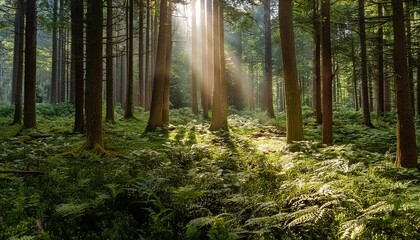 Obraz premium Observing the sunlight filtering through the trees in a forest, surrounded by a natural land
