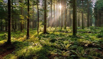 Obraz premium Observing the sunlight filtering through the trees in a forest, surrounded by a natural land