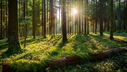 Obraz premium Observing the sunlight filtering through the trees in a forest, surrounded by a natural land