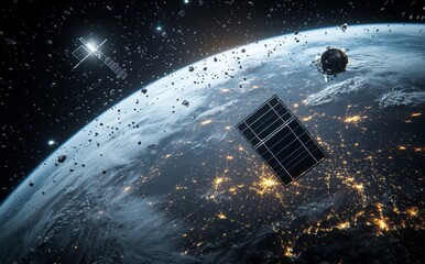 This is a 3D illustration of the problem of debris, junk, and satellites polluting the Earth's orbit. It is a 5K digital space art that shows the problem in ultra-realistic relief.