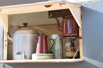 A Serving Hatch on a Vintage Tea Making Refreshment Van.