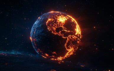 Obraz premium This 3D illustration shows the last seconds of the planet Earth dying in fire, fire and lava all over its surface. It is high quality digital artwork in 5K - amazingly realistic.