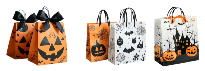 Colorful Halloween Gift Bags with Pumpkins and Bats white background,Png