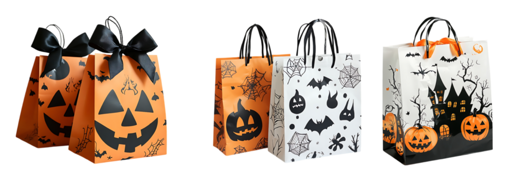 Colorful Halloween Gift Bags with Pumpkins and Bats white background,Png