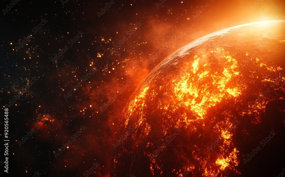 Poster high quality digital space art in 5k - a realistic visual representation of a burning planet