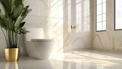 Fototapeta premium Toilet and bathroom with gold-white color scheme in modern style, realistic, minimal design