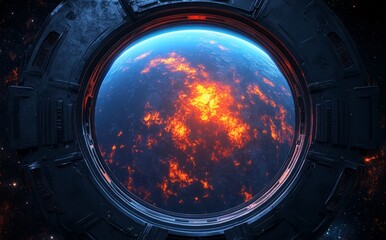 A 3D illustration of planet Earth destroyed by explosions and flames and covered with lava. Digital space art in 5K - ultra realistic.