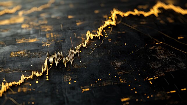 3D gold trend line climbing on a black and gold financial chart