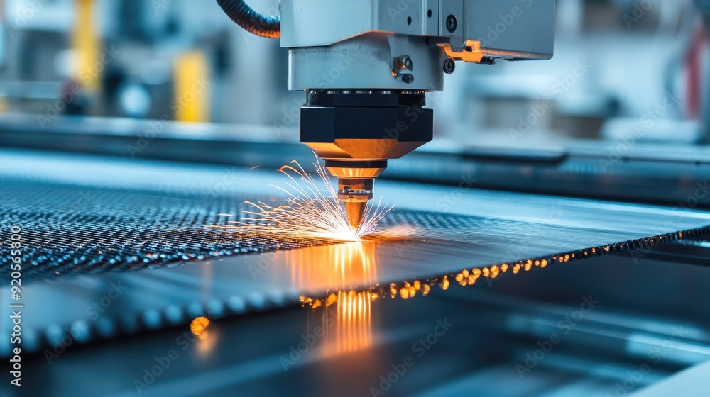 Poster advanced laser cutting machine operating on a sheet of metal in a high-tech factory